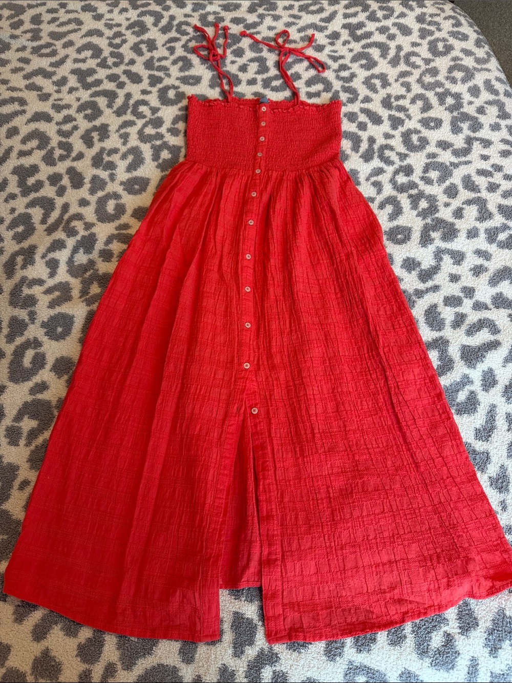 aerie Red Button-Front Smocked Maxi Dress